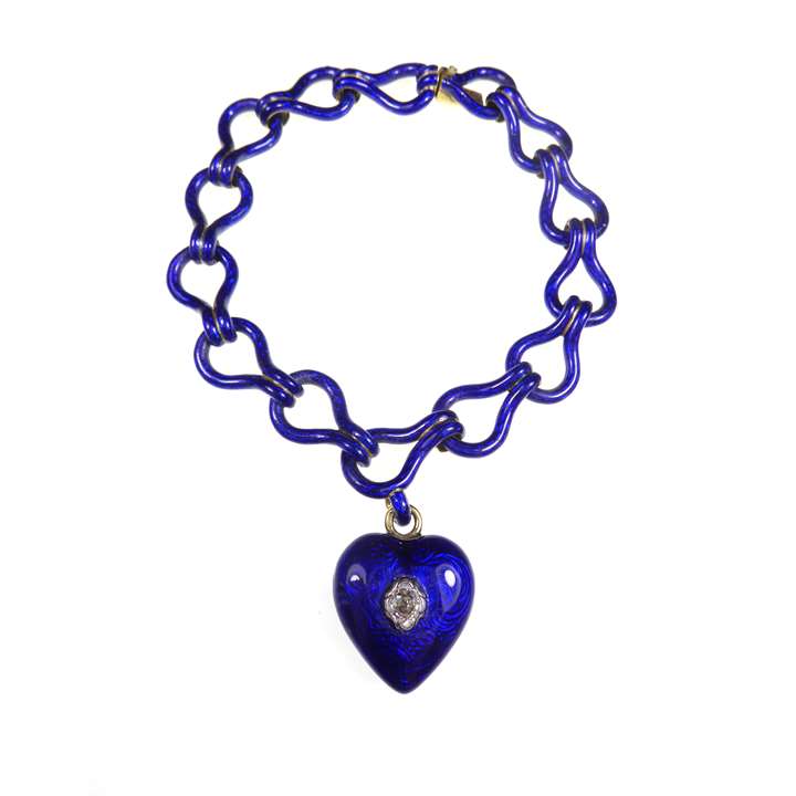 Blue guilloche enamel and gold bracelet and heart charm pendant